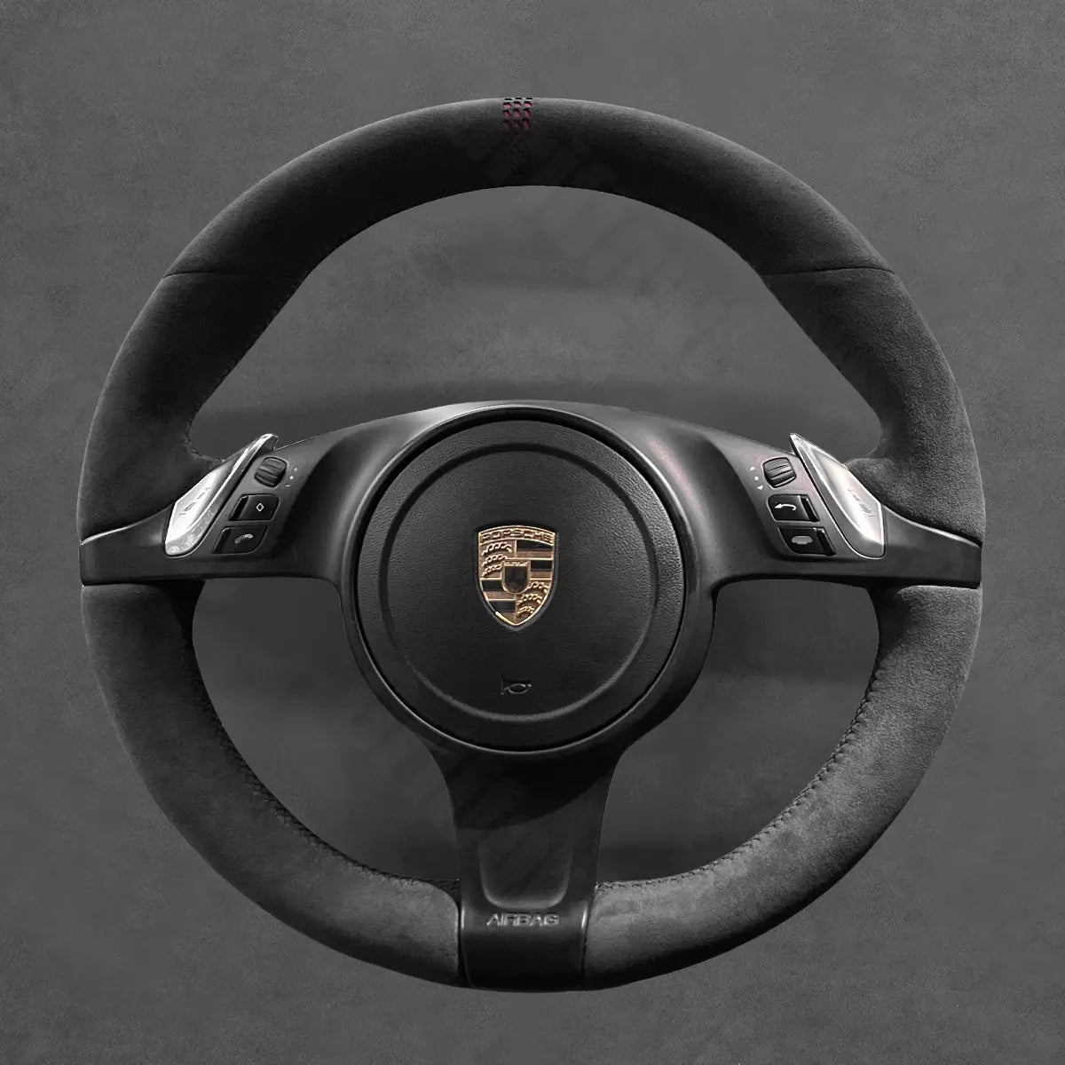Griffowl Steering Wheel Cover for Customized Sedan Porsche Panamera 2010-2016. Griffowl's interior mod with hand-sewn DIY steering wheel kit.