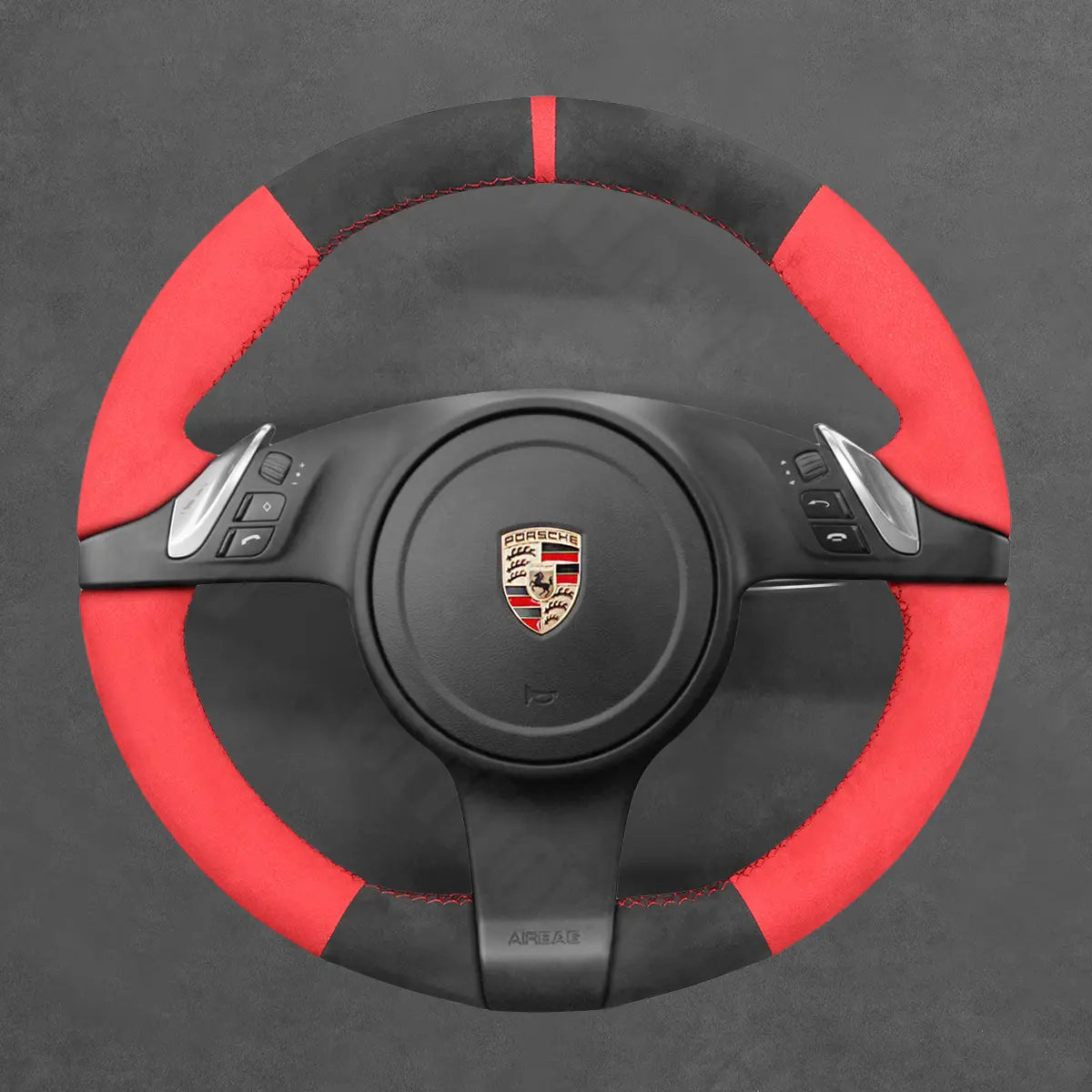 Griffowl Steering Wheel Cover for Customized Sedan Porsche Panamera 2010-2016. Griffowl's interior mod with hand-sewn DIY steering wheel kit.