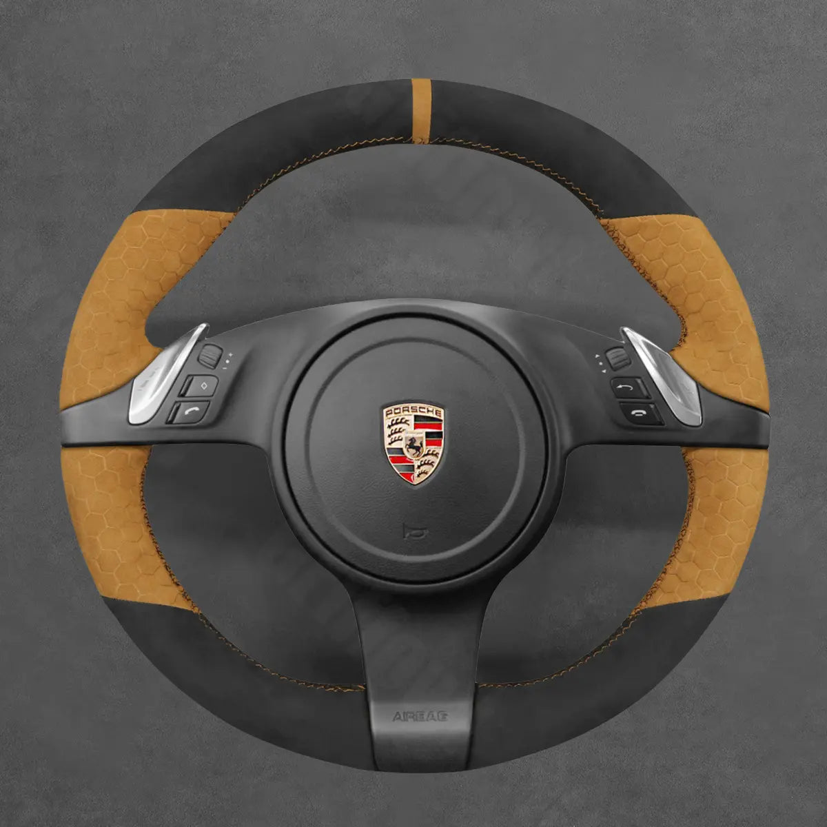 Griffowl Steering Wheel Cover for Customized Sedan Porsche Panamera 2010-2016. Griffowl's interior mod with hand-sewn DIY steering wheel kit.