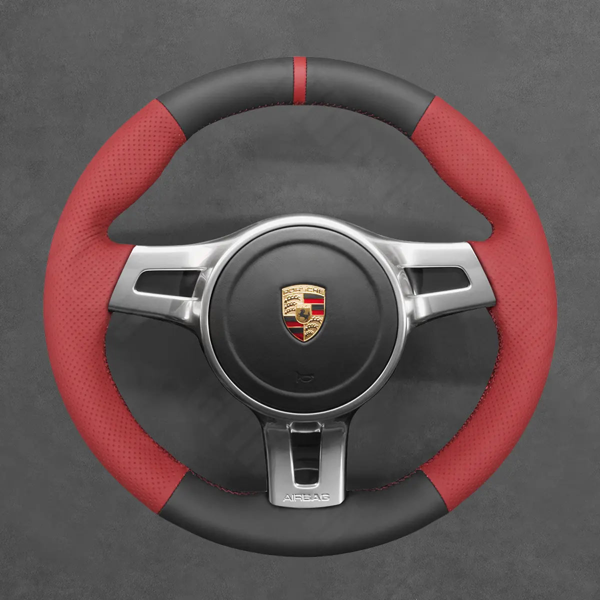 Griffowl Steering Wheel Cover for Customized Sedan Porsche Panamera 2013-2016. Griffowl's interior mod with hand-sewn DIY steering wheel kit.