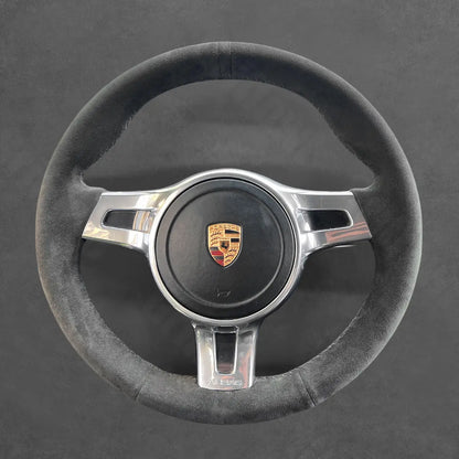 Griffowl Steering Wheel Cover for Customized Sedan Porsche Panamera 2013-2016. Griffowl's interior mod with hand-sewn DIY steering wheel kit.