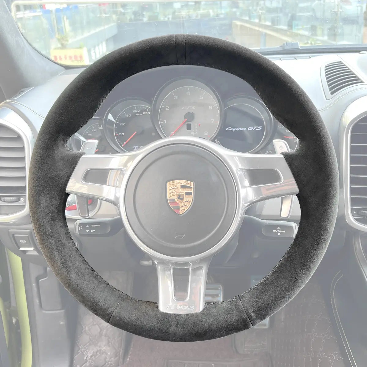 Griffowl Steering Wheel Cover for Customized Sedan Porsche Panamera 2013-2016. Griffowl's interior mod with hand-sewn DIY steering wheel kit.