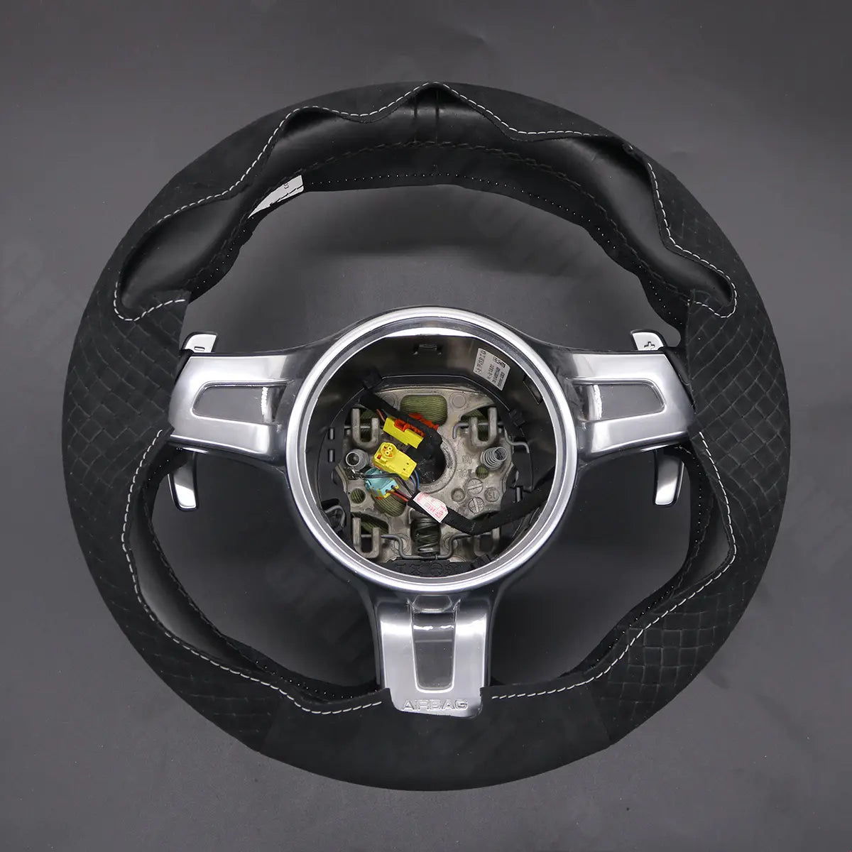 Griffowl Steering Wheel Cover for Customized Sedan Porsche Panamera 2013-2016. Griffowl's interior mod with hand-sewn DIY steering wheel kit.