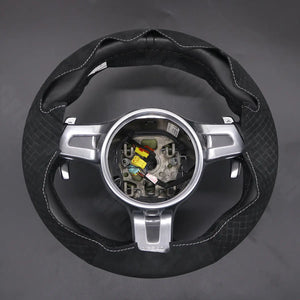 Griffowl Steering Wheel Cover for Customized Sedan Porsche Panamera 2013-2016. Griffowl's interior mod with hand-sewn DIY steering wheel kit.