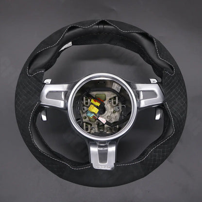 Griffowl Steering Wheel Cover for Customized Sedan Porsche Panamera 2013-2016. Griffowl's interior mod with hand-sewn DIY steering wheel kit.