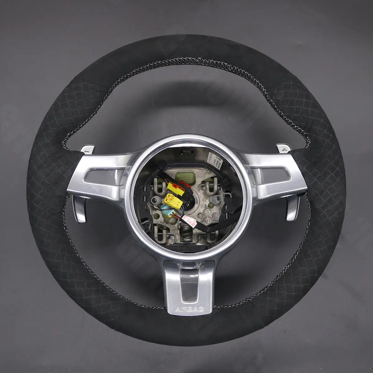 Griffowl Steering Wheel Cover for Customized Sedan Porsche Panamera 2013-2016. Griffowl's interior mod with hand-sewn DIY steering wheel kit.