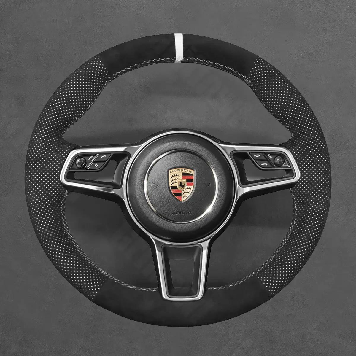 Griffowl Steering Wheel Cover for Customized Sedan Porsche Panamera 2016-2020. Griffowl's interior mod with hand-sewn DIY steering wheel kit.