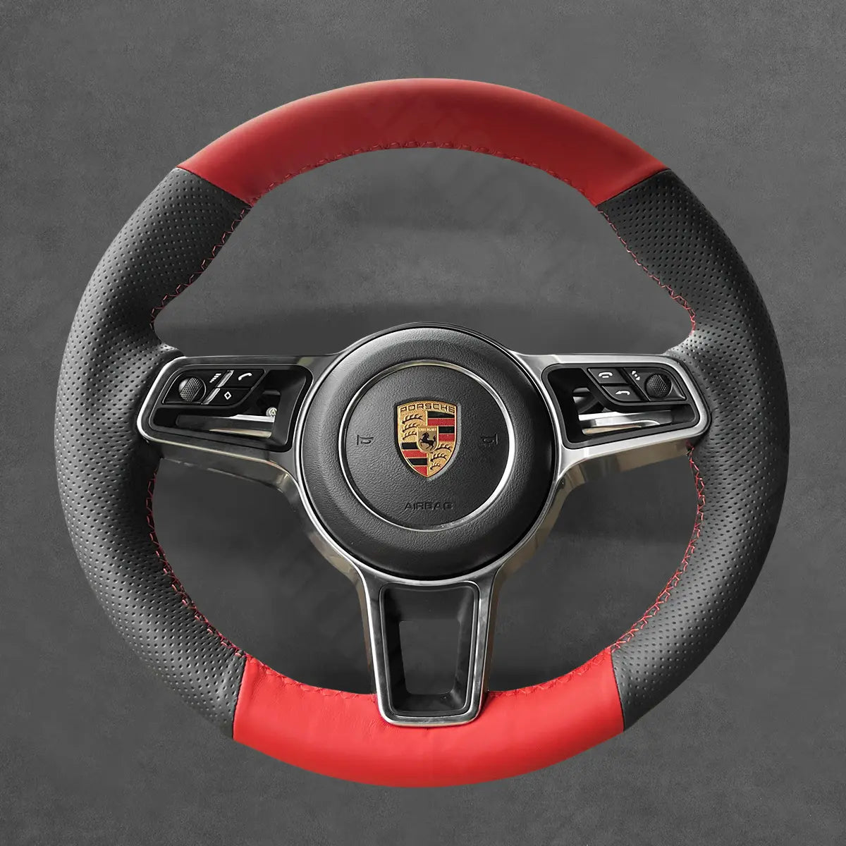 Griffowl Steering Wheel Cover for Customized Sedan Porsche Panamera 2016-2020. Griffowl's interior mod with hand-sewn DIY steering wheel kit.