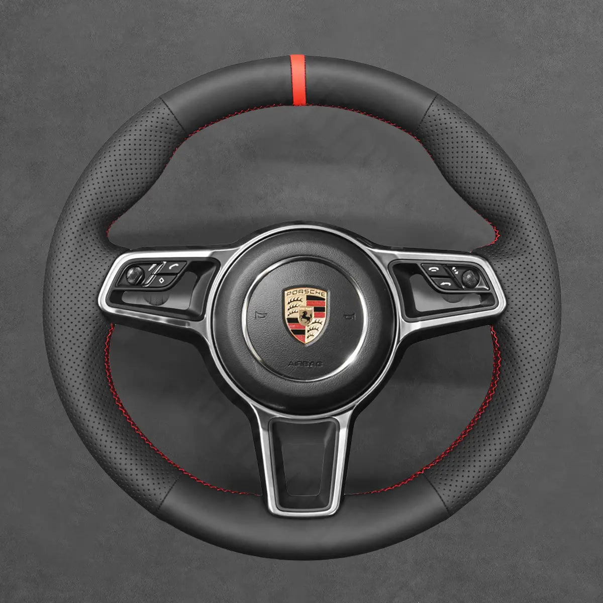 Griffowl Steering Wheel Cover for Customized Sedan Porsche Panamera 2016-2020. Griffowl's interior mod with hand-sewn DIY steering wheel kit.