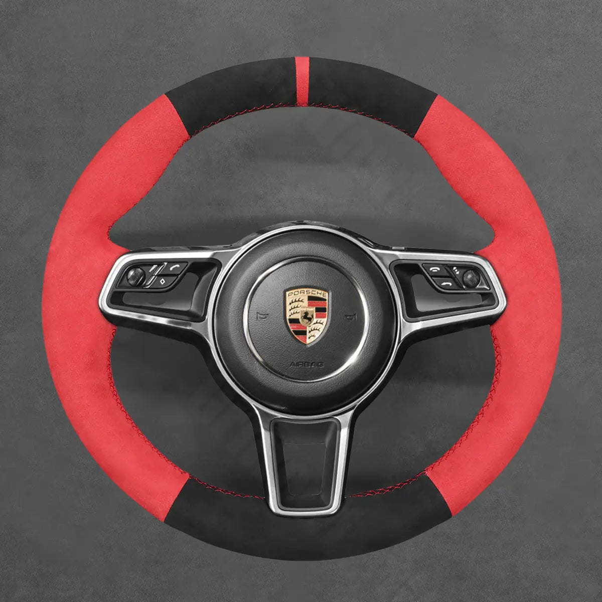Griffowl Steering Wheel Cover for Customized Sedan Porsche Panamera 2016-2020. Griffowl's interior mod with hand-sewn DIY steering wheel kit.