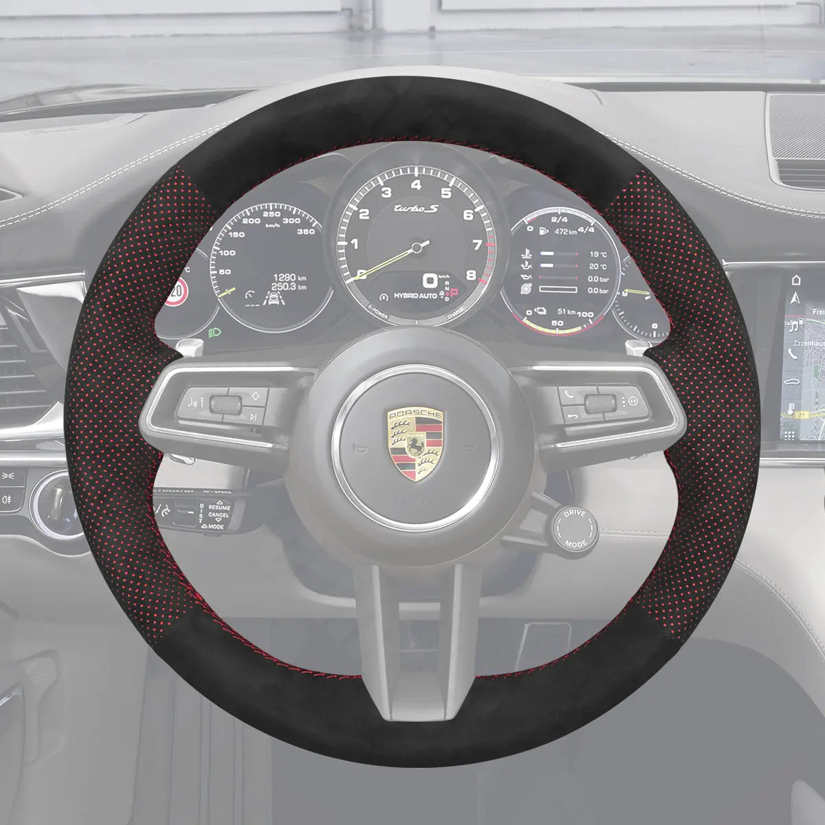 Griffowl Steering Wheel Cover for Customized Sedan Porsche Panamera Taycan 2020-2022. Hand-sewn kit for drivers seeking precision and comfort.