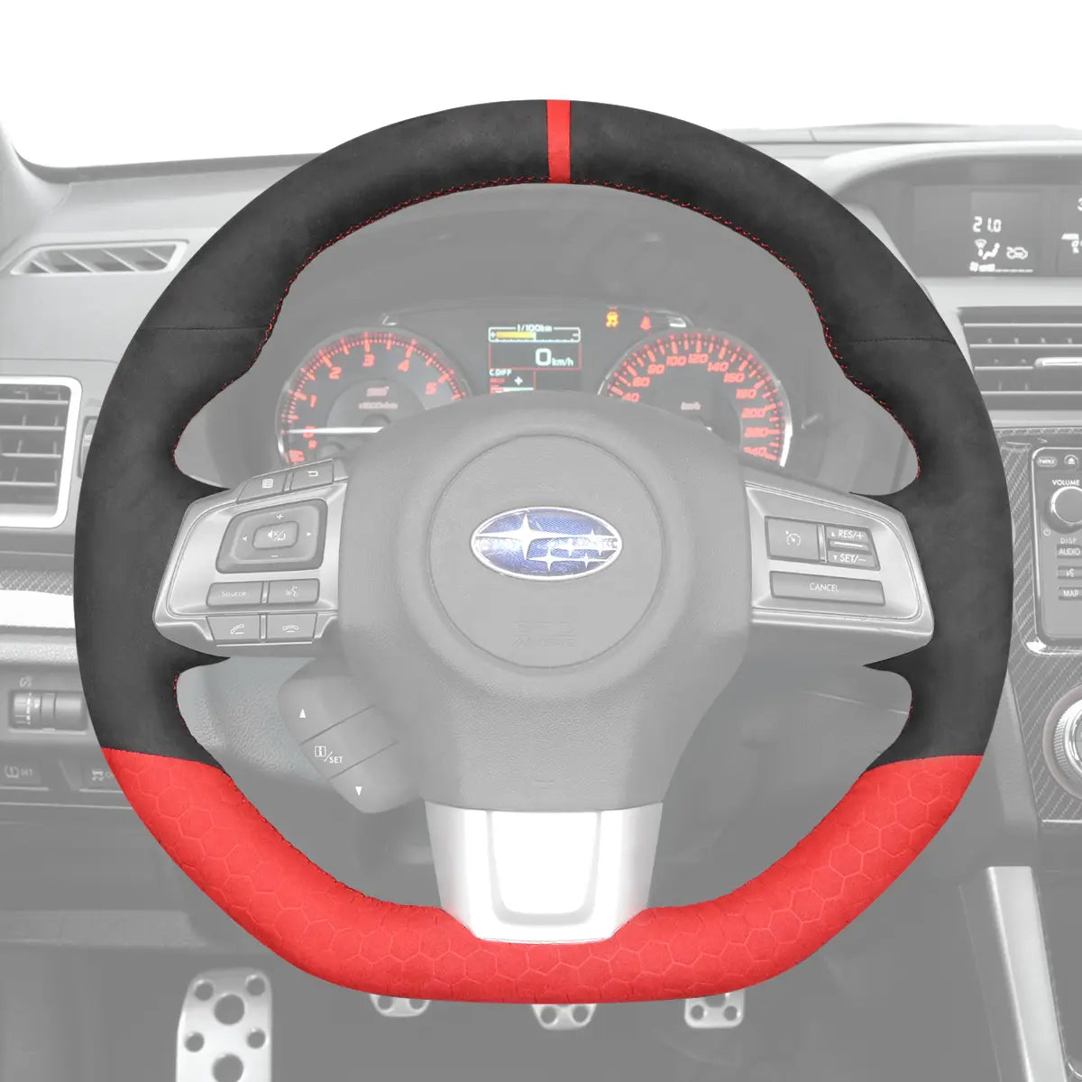 Griffowl Steering Wheel Cover for Customized Sedan Subaru WRX STI 2015-2021. Perfect grip with our steering wheel wrap and custom interior touch.
