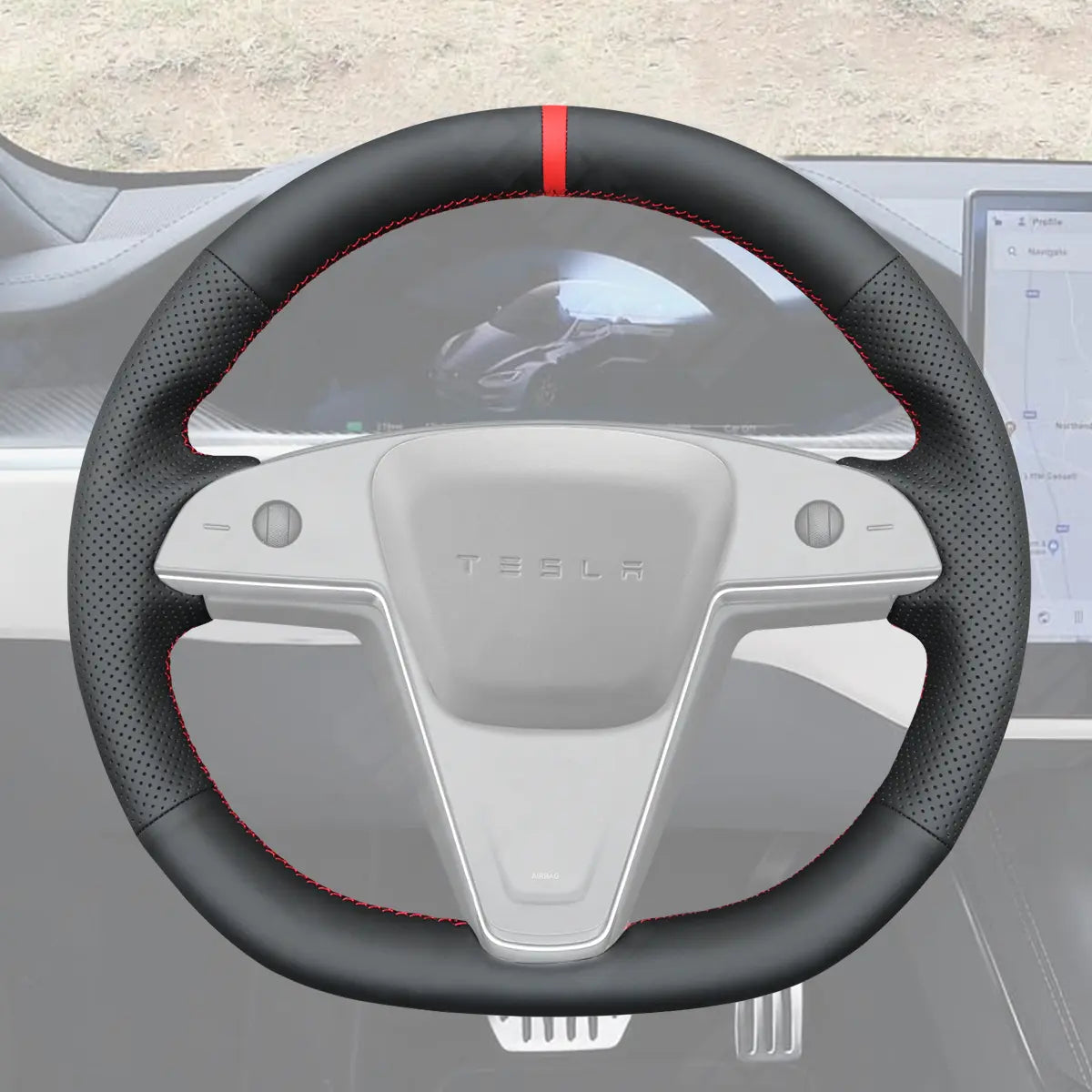 Griffowl Steering Wheel Cover for Customized Sedan Tesla Model S 2021-2025 Round Steering Wheel. Hand-sewn DIY kit blends grip, function, and style inside.
