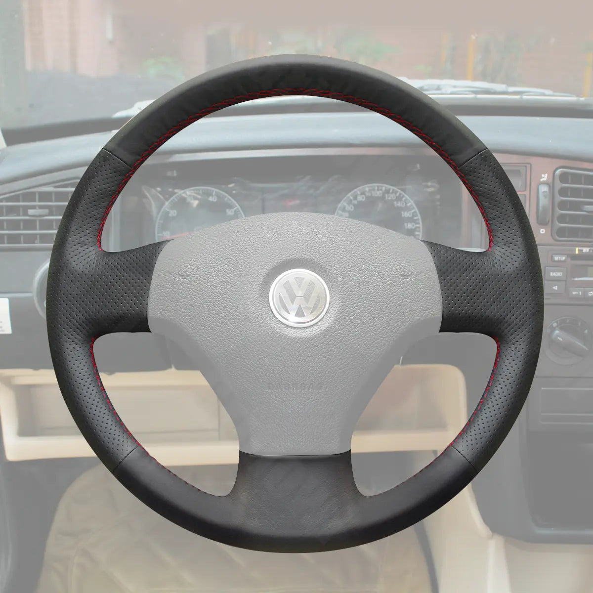 Griffowl Steering Wheel Cover for Customized Sedan Volkswagen VW Jetta 5 2006-2010. Hand-sewn kit for drivers seeking precision and comfort.

