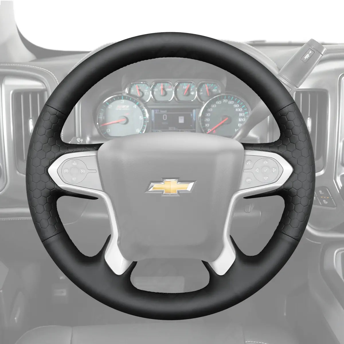 Griffowl Steering Wheel Cover for DIY Pickup Chevrolet Chevy Silverado 1500 LD 2500 3500 4500HD 5500HD 6500HD 2019-2025. Compact, hand-sewn DIY wrap for quick interior mods and grip upgrade.
