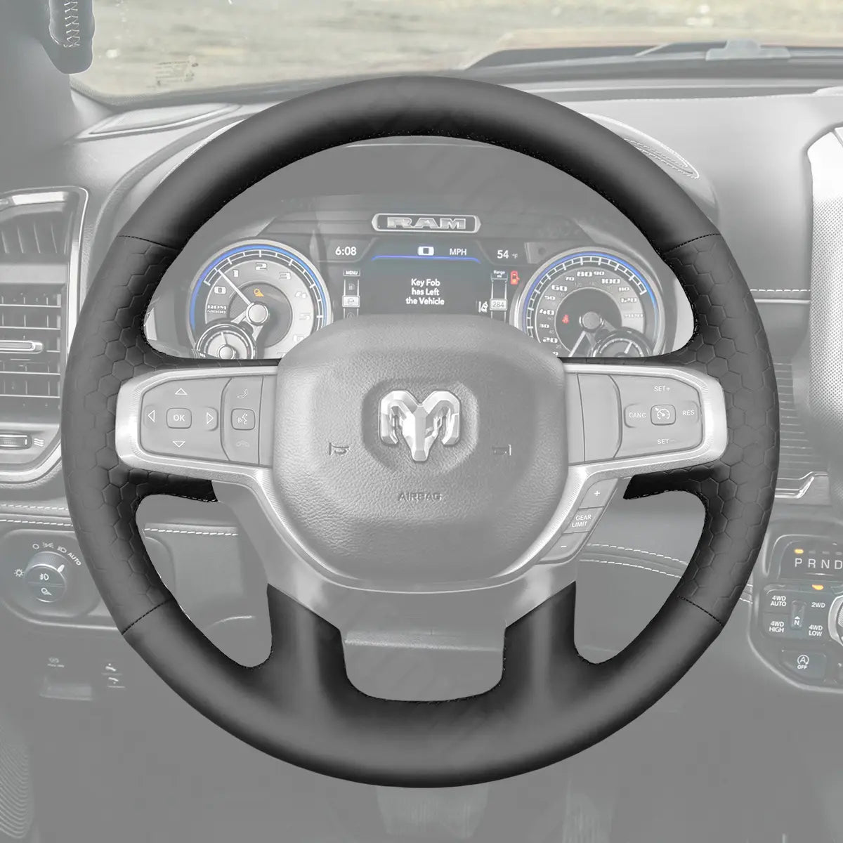 Griffowl Steering Wheel Cover for DIY Pickup Dodge RAM 1500 2500 3500 2019-2025. For refined interior upgrades using our wrap and stitch kit.
