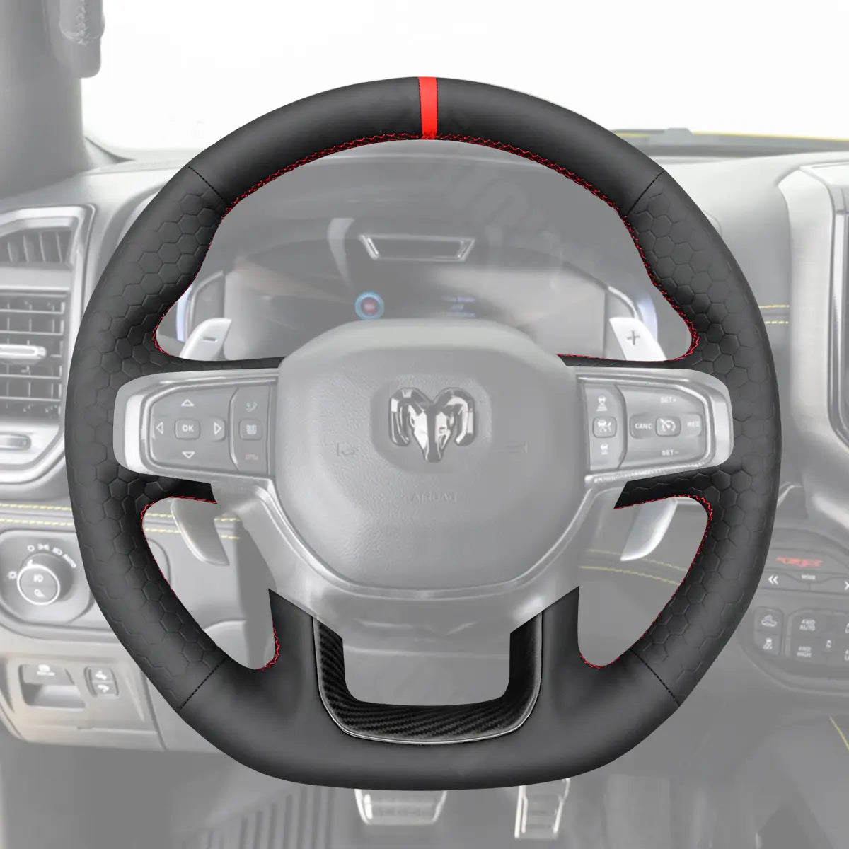 Griffowl Steering Wheel Cover for DIY Pickup Dodge RAM 1500 TRX GT RHO 2021-2025. For refined interior upgrades using our wrap and stitch kit.
