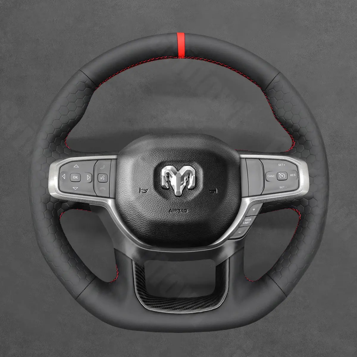 Griffowl Steering Wheel Cover for DIY Pickup Dodge RAM 1500 TRX GT RHO 2021-2025. For refined interior upgrades using our wrap and stitch kit.

