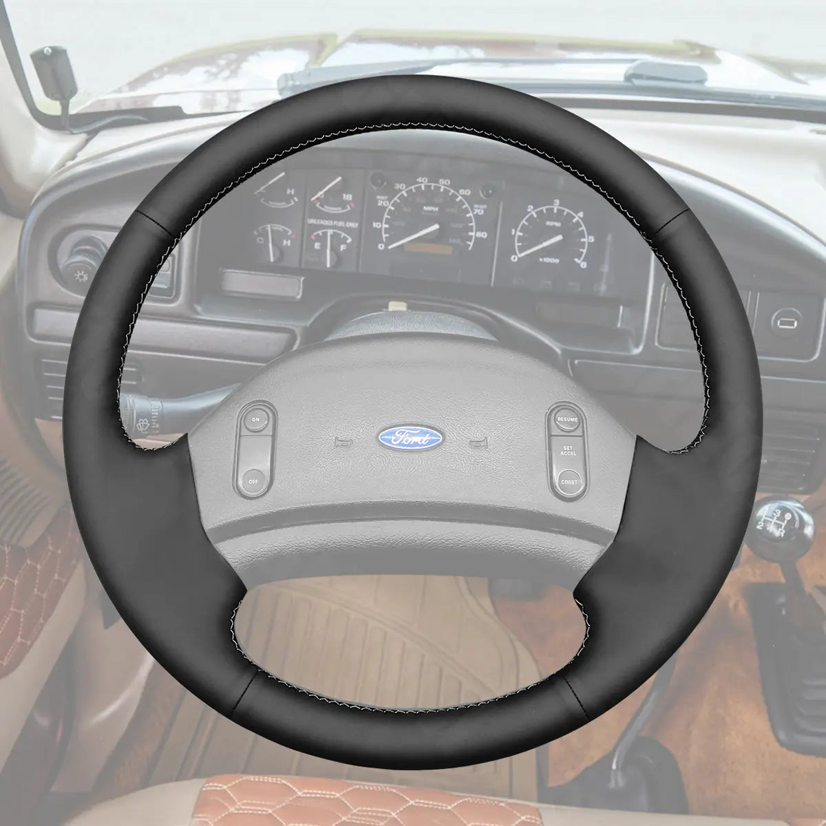 Griffowl Steering Wheel Cover for DIY Ford F150 F250 F350 Bronco 1992-1997. Perfect grip with our steering wheel wrap and custom interior touch.