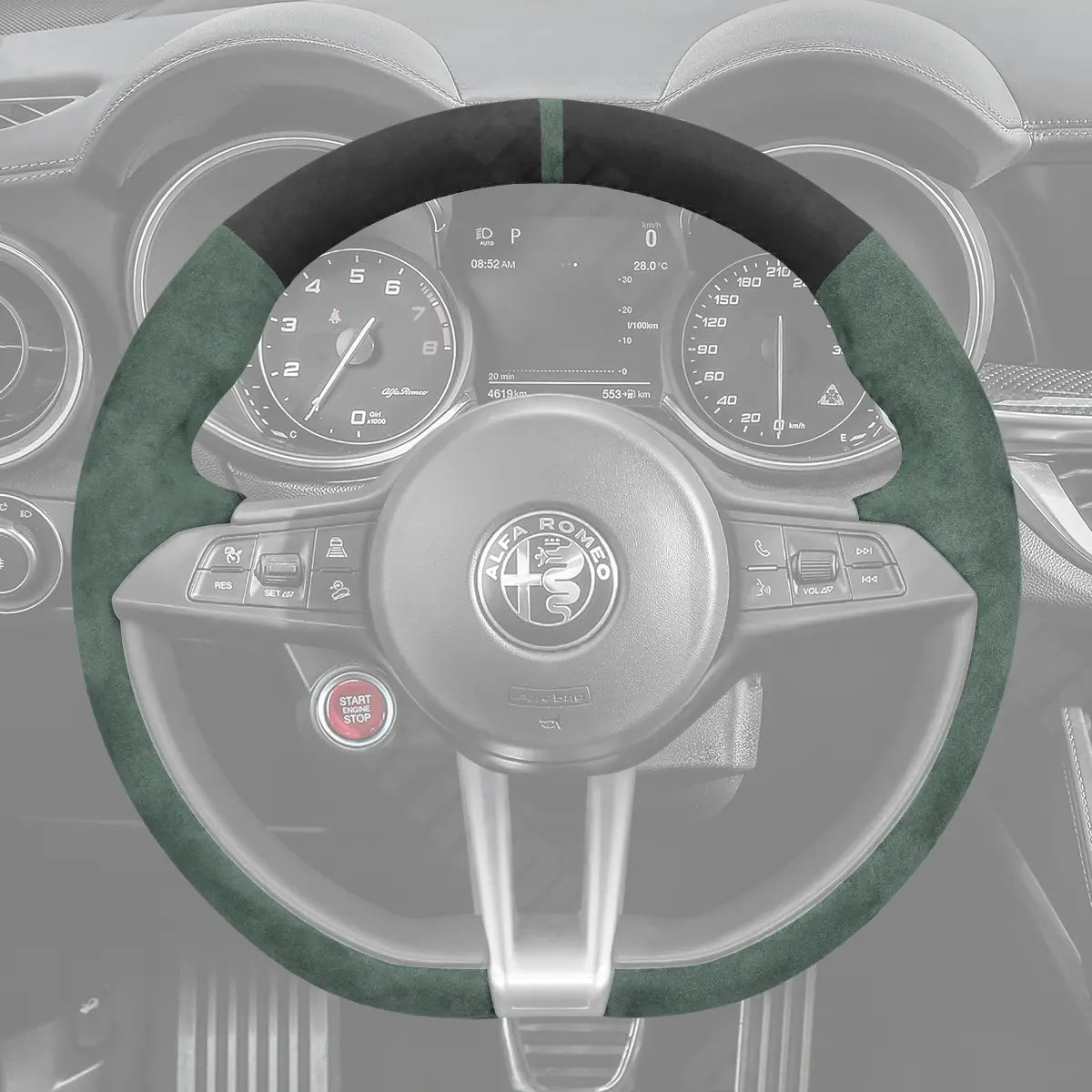 Griffowl Steering Wheel Cover for Personalized SUV Alfa Romeo Stelvio Quadrifoglio 2017-2020. Elevate your interior with Griffowl's wrap and stitch kit.