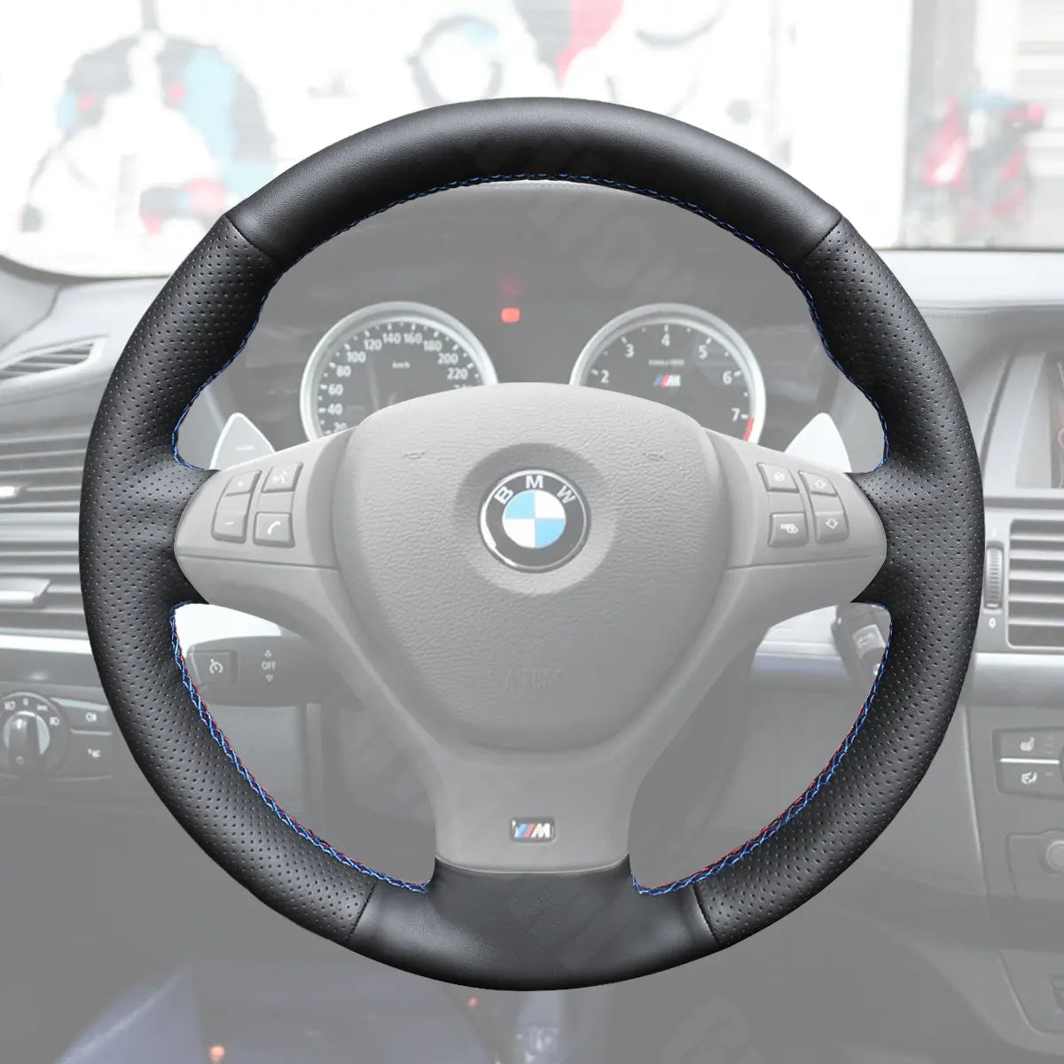 Griffowl Steering Wheel Cover for Tailored Coupe BMW X5 X6 M E70 E71. DIY kit includes hand-sewn wrap for luxury interior mods.