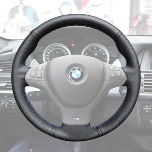 Griffowl Steering Wheel Cover for Tailored Coupe BMW X5 X6 M E70 E71. DIY kit includes hand-sewn wrap for luxury interior mods.