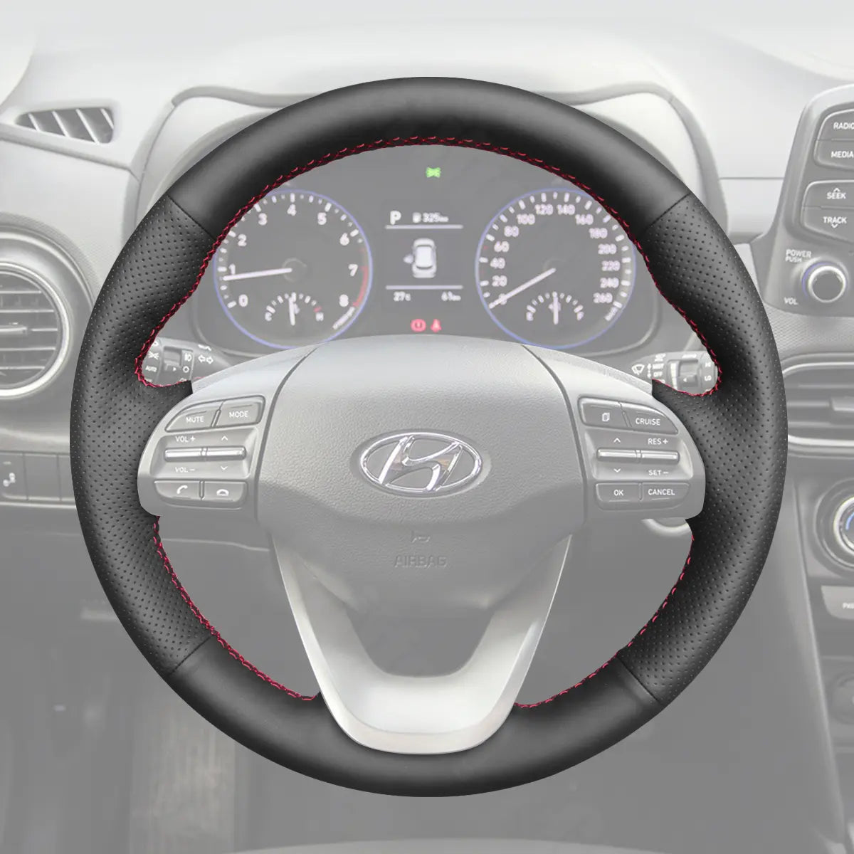 Griffowl Steering Wheel Cover for Personalized SUV Hyundai Kona Kona Electric EV 2018-2023. Elevate your interior with Griffowl's wrap and stitch kit.

