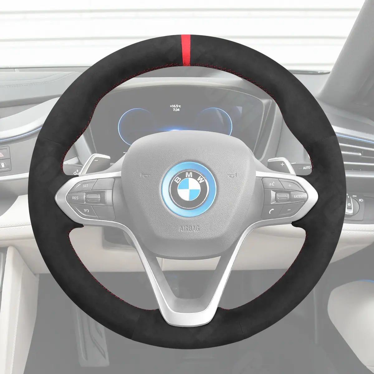 Griffowl Steering Wheel Cover for Tailored Coupe BMW i8 2014-2020. DIY kit includes hand-sewn wrap for luxury interior mods.