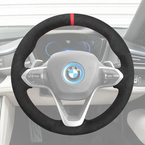 Griffowl Steering Wheel Cover for Tailored Coupe BMW i8 2014-2020. DIY kit includes hand-sewn wrap for luxury interior mods.