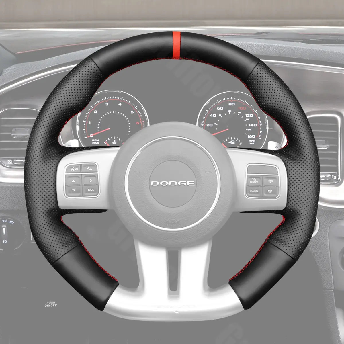 Griffowl Steering Wheel Cover for Tailored Coupe Dodge Challenger Charger SRT 2012-2014. Elevate your interior with Griffowl's wrap and stitch kit.
