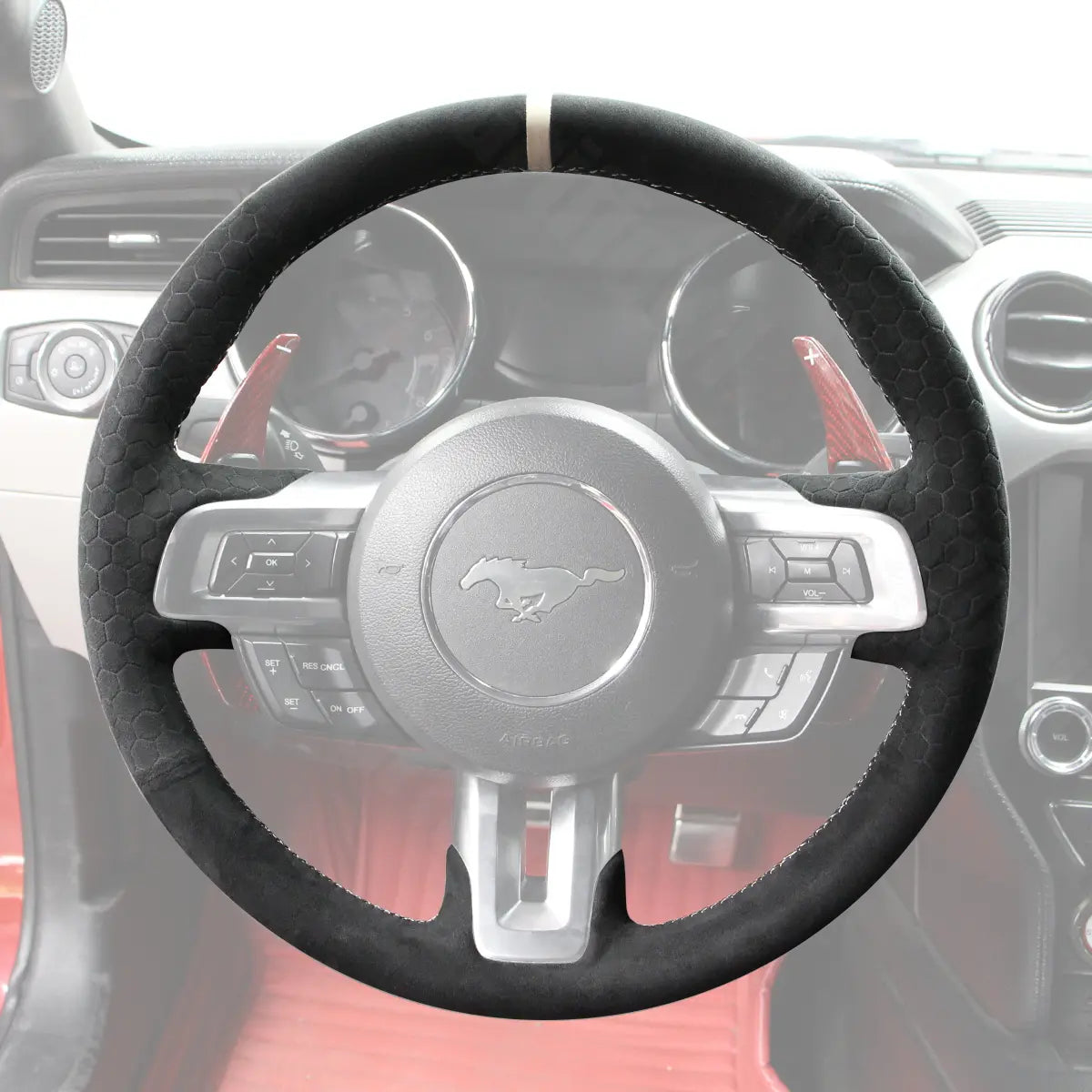 Griffowl Steering Wheel Cover for Tailored Coupe Ford Mustang 2015-2023. Perfect grip with our steering wheel wrap and custom interior touch.