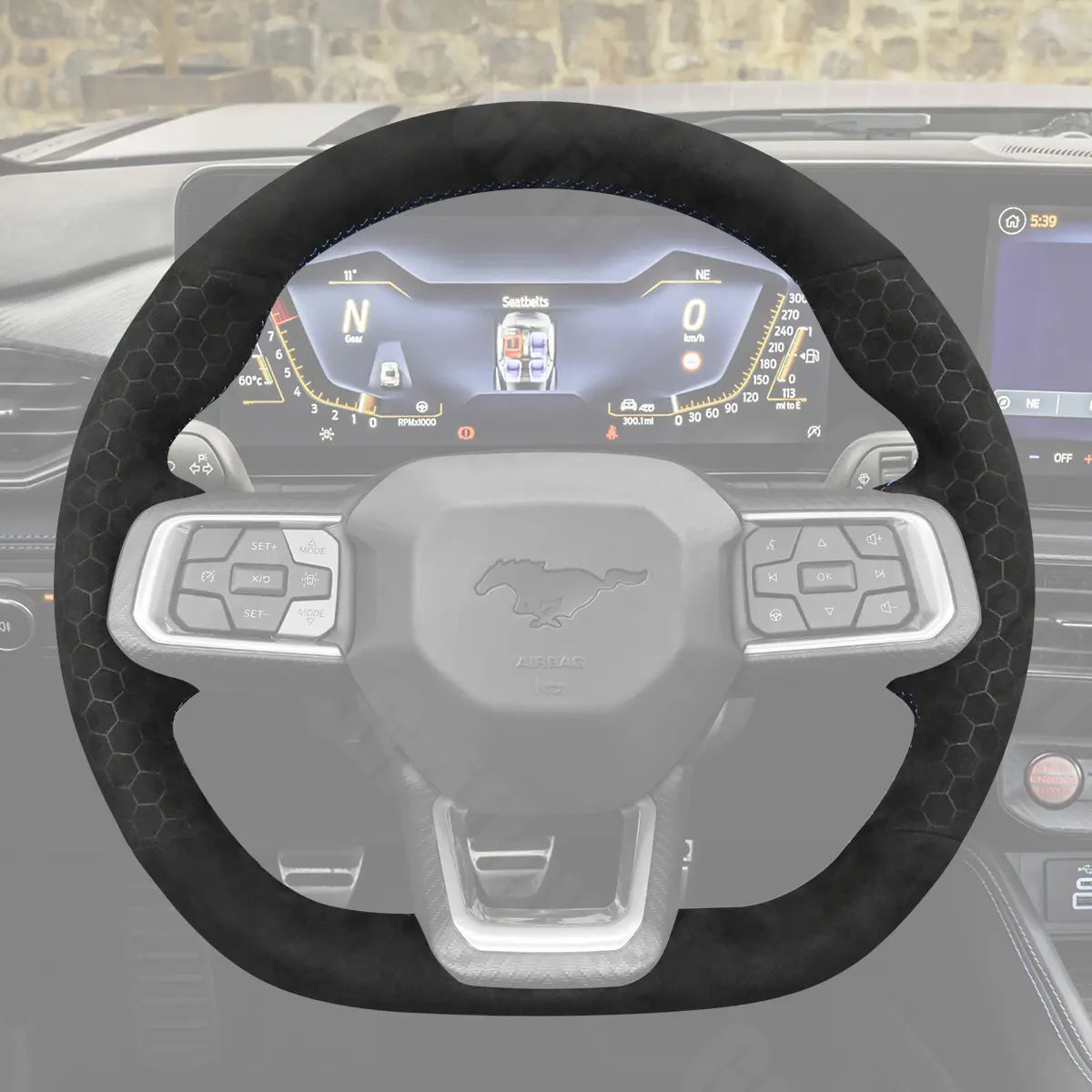 Griffowl Steering Wheel Cover for Tailored Coupe Ford Mustang 2024-2025. Perfect grip with our steering wheel wrap and custom interior touch.