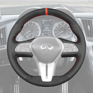 Griffowl Steering Wheel Cover for Tailored Coupe Infiniti Q60 Coupe 2017-2022. Griffowl's interior mod with hand-sewn DIY steering wheel kit.
