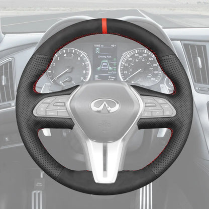 Griffowl Steering Wheel Cover for Tailored Coupe Infiniti Q60 Coupe 2017-2022. Griffowl's interior mod with hand-sewn DIY steering wheel kit.
