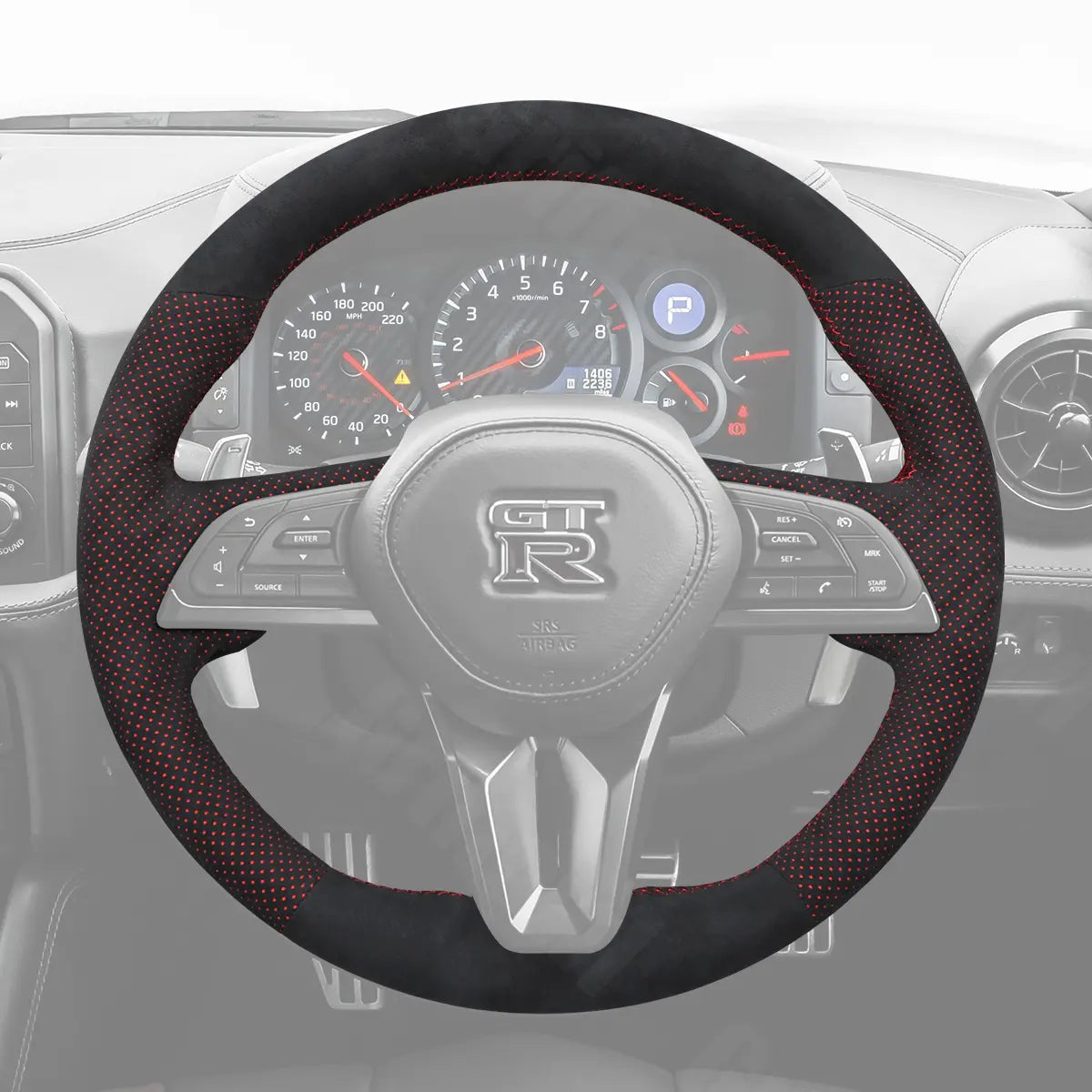 Griffowl Steering Wheel Cover for Tailored Coupe Nissan GT-R GTR 2017-2025. Perfect grip with our steering wheel wrap and custom interior touch.
