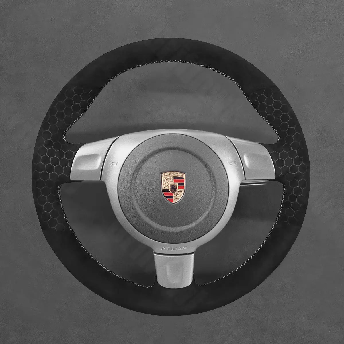 Griffowl Steering Wheel Cover for Tailored Coupe Porsche 911 997 Boxster Cayman 987 with bulge 2005-2009. Perfect for enthusiasts seeking refined interior mods.