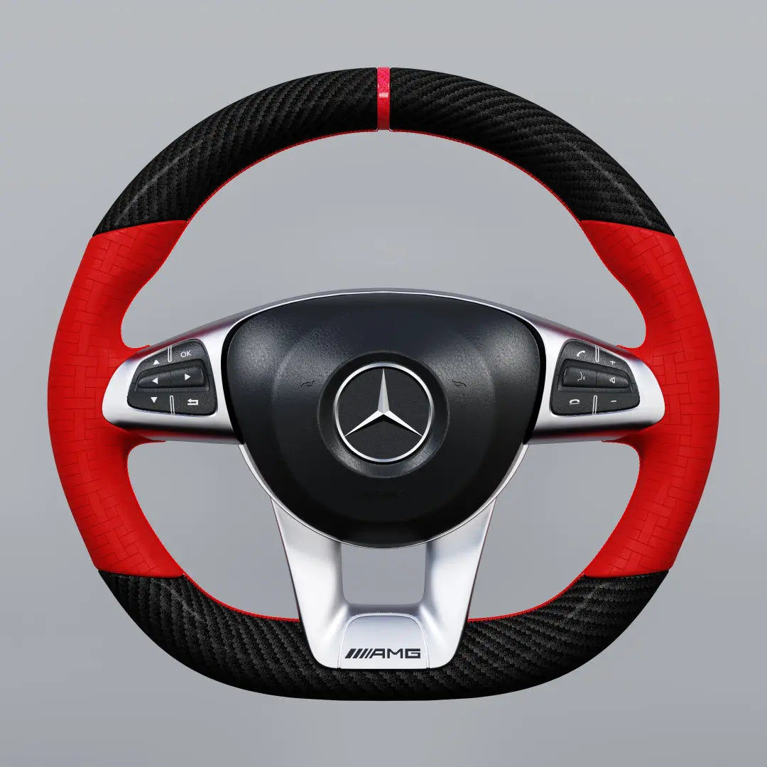 Mercedes-Benz steering wheel with red and black design on a gray background