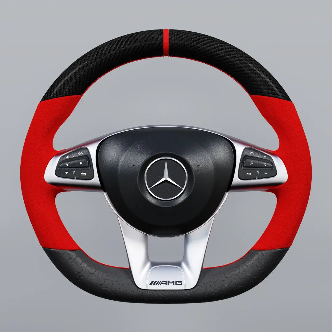 Steering wheel with red and black design featuring Mercedes-Benz